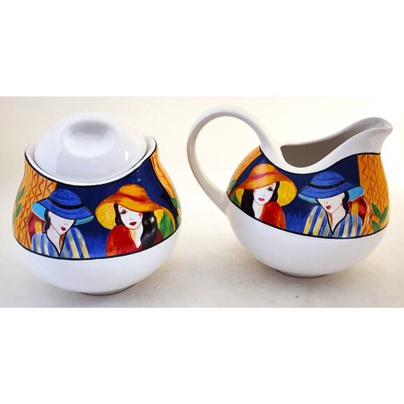 Creamer and Sugar Bowl with Lid Set-Sango-"Cafe Paris"-White-Multicolor Design - Picture 5 of 10